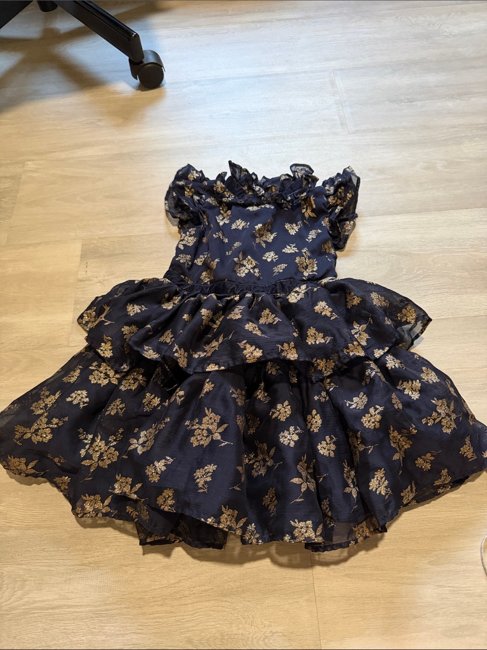 Janie and Jack Navy Dress with Gold Floral Ruffle dress size 5